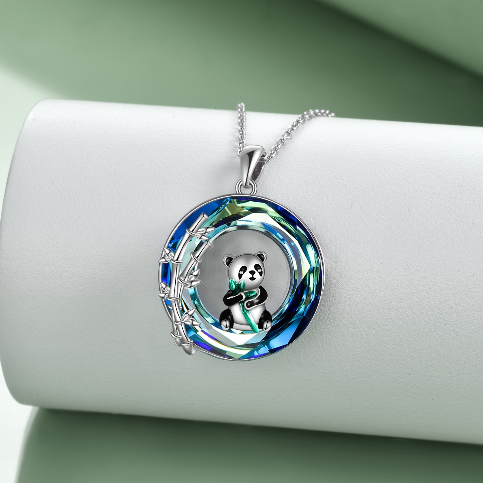 Women's Cute Panda Crystal Necklace with Bamboo Pendant