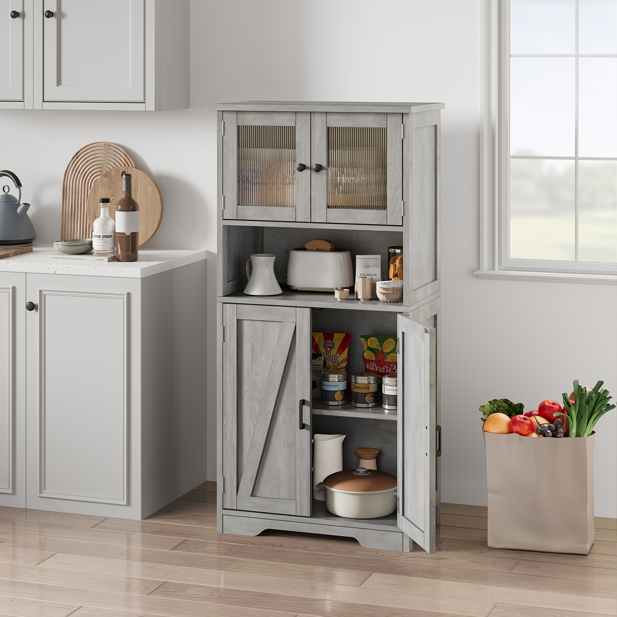 54-inch Tall Bathroom Storage Unit, Farmhouse-style Cabinet Featuring Glass Doors And Adjustable Shelves, Kitchen Pantry, Cupboard Suitable For Living Or Dining Areas