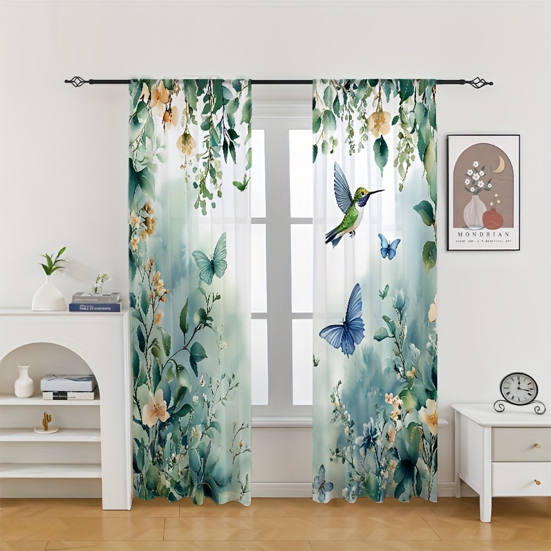 TEMU 2pcs Floral Chiffon Sheer Curtains - Semi-transparent Opaque With Vibrant Flowers & Hummingbird Design, Rod Pocket For Living Room & Bedroom