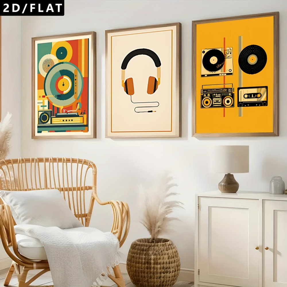 TEMU 2d Flat, 2d Flat, 2d/flat 3pcs , Radio, Headphones, Vinyl Records, Cassette Tapes, Elements, Art Canvas Posters, Canvas Paintings, Suitable For