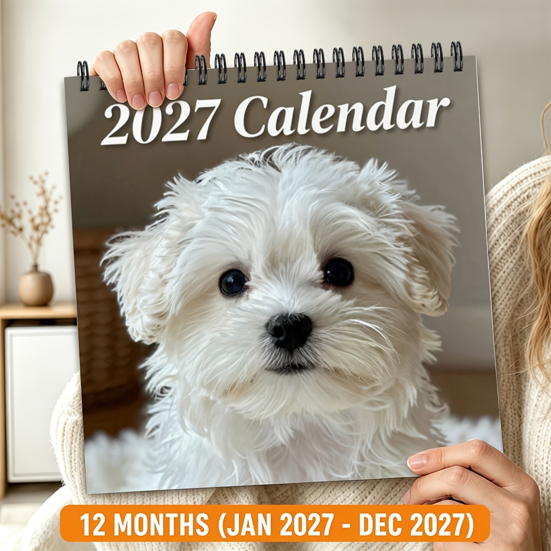 TEMU 2d Flat 1pc Calendar, Wall Hanging Calendar, Desktop Table Calendar Portable Calendar, Mini Desktop Calendar, White Maltese Dog , Soft, Fresh,