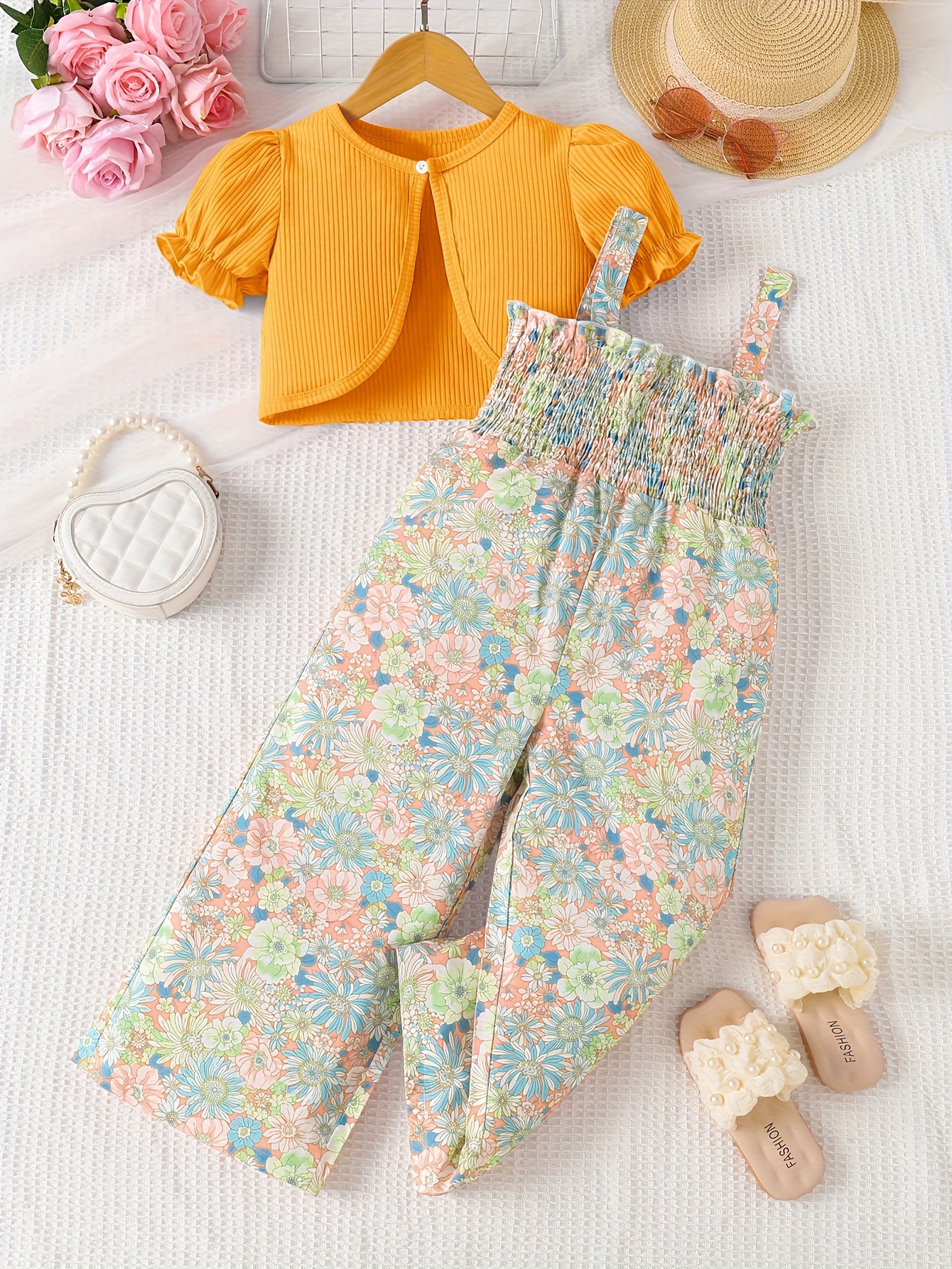 girls outfit spring summer floral print   cami romper and cardigan 2pcs set birthday gift holiday present cute   vacation casual wear outfits breathable comfortable little girl girly fashion kids clothes