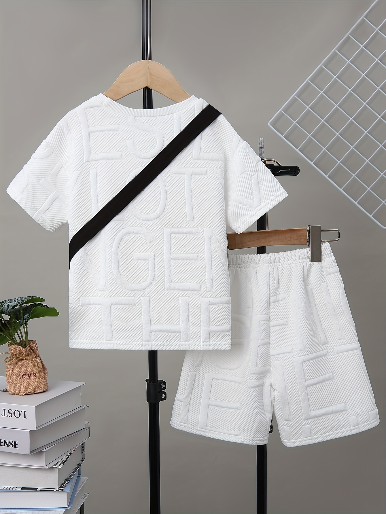 Men's and Youngsters's Summer Set of 3pcs with Solid Color Embossed Letters, Full Body Ribbed Collar Casual Short Sleeve Top + Motorcycle Small Satchel Bag + Solid Color Striped Fashion Shorts Trendy Handsome Casual Outing First Choice, Perfect for Outdoor