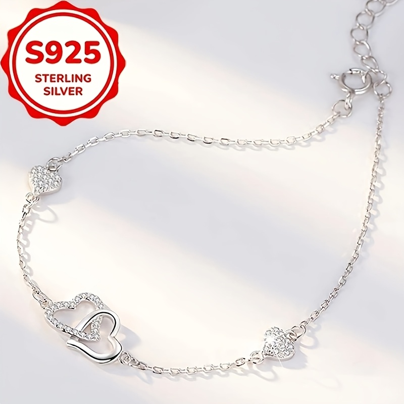 Women's S925 Silver Heart Interlocking Bracelet, Elegant Minimalist Gift