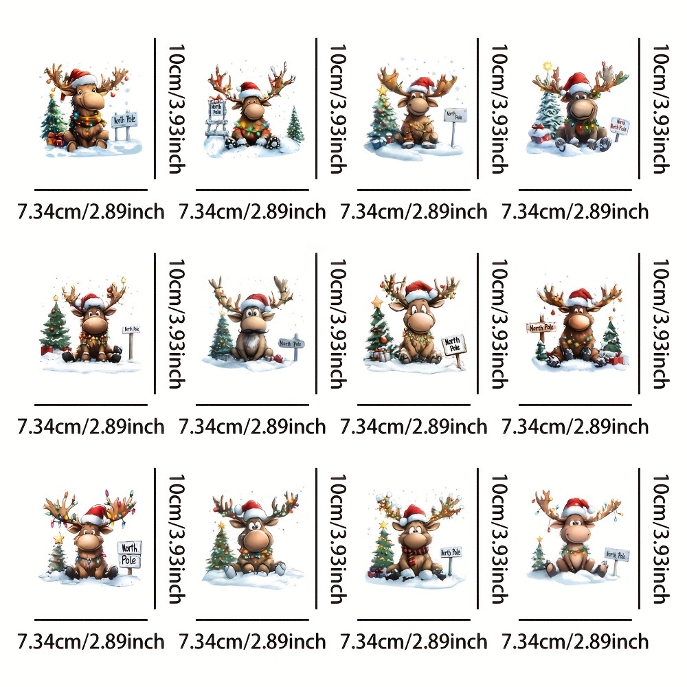 TEMU Set Of 12 Transfer Sheets Featuring A Moose In A Santa Hat, Designed For Uv Dtf Printing. Plastic Smudge Transfers Come With Festive Patterns