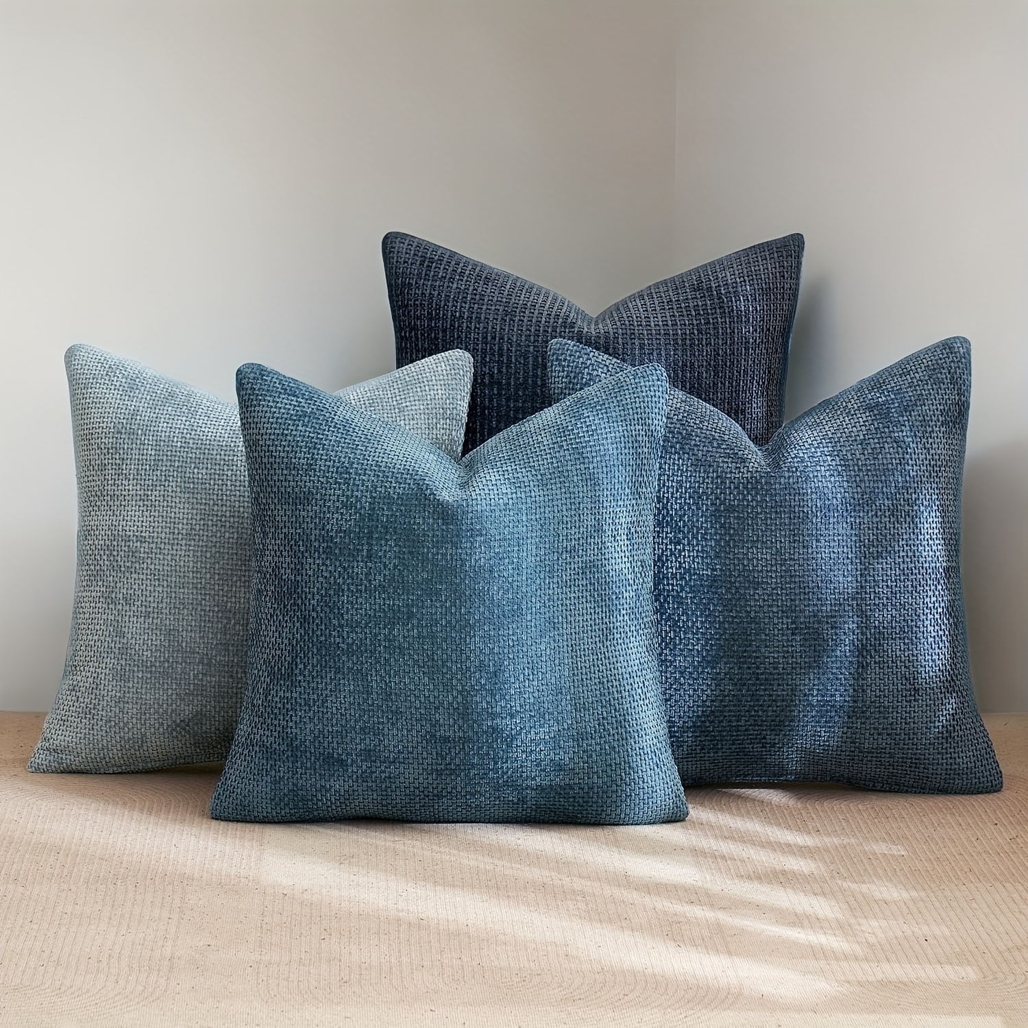 Image of 4pcs Soft Bohemian Style Polyester Fiber Zippered Pillowcase Set - Neutral/blue Tones, Modern Farm Decor Machine Washable Without Pillow