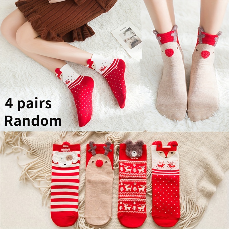 

4pcs Women's Christmas Socks - Cozy & Cute Mid-calf Winter , Assorted Patterns, Gifts, Winter Socks