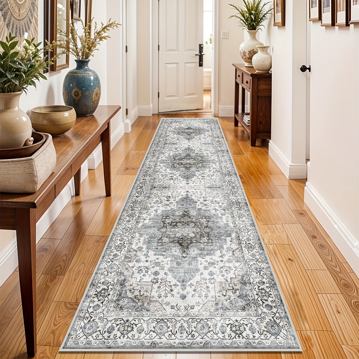 TEMU 1pc Chinese Retro Persian Hallway Runner Rug, Durable Kitchen Balcony Mat, Runner Entrance Floor Mat, Soft Comfortable Hallway Stair Runner