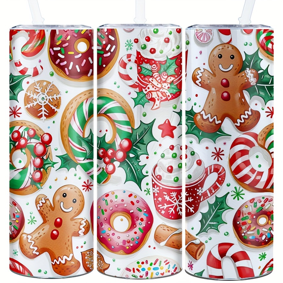 

Christmas Gingerbread & Donut Pattern 20oz Stainless Steel Water Bottle - Vacuum Insulated Double-wall Sports Bottle With Straw And Lid - Uncharged, 304 Stainless Steel Liner, Ideal For Holidays Gift