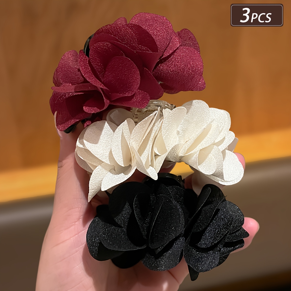 TEMU 3pcs Romantic Fabric Hair Claw Clips For Women, Floral Shark Clips For Updos At The Back Of , Gentle Style, Commuting, Dates, Weddings, And
