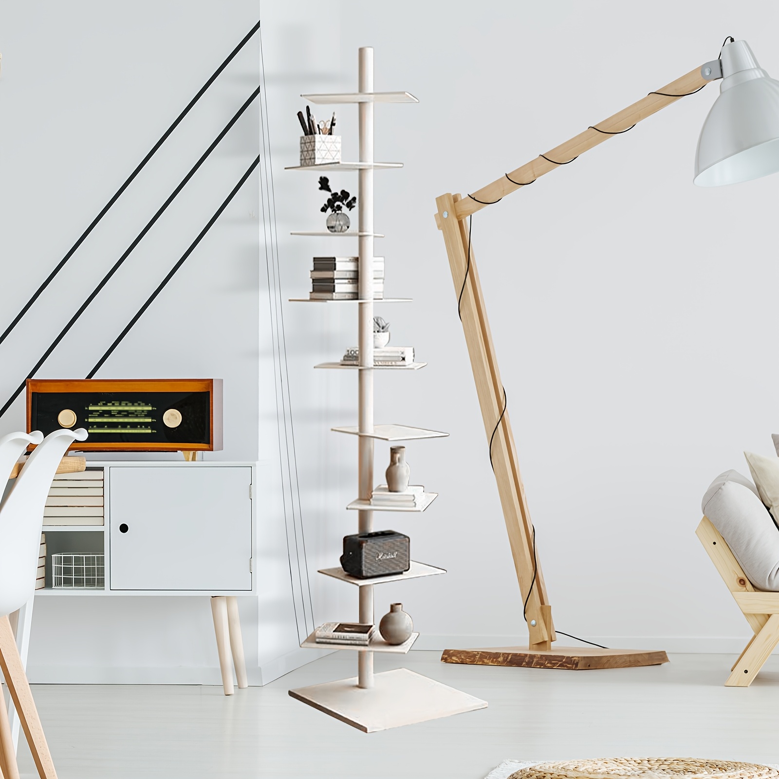 Image of 9 Tiers Bookshelf, Modern Tall Narrow Bookshelf, Vertical Bookshelf With Open Storage, Adjustable Shelves, For Bedroom, Living Room, Home Office, Corner