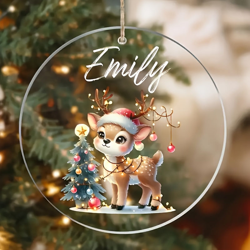 TEMU 2d Flat, Personalized Acrylic Christmas Tree Ornament - Customizable Reindeer Design, No Power Required, Feather-free, Suitable For , Rope Style