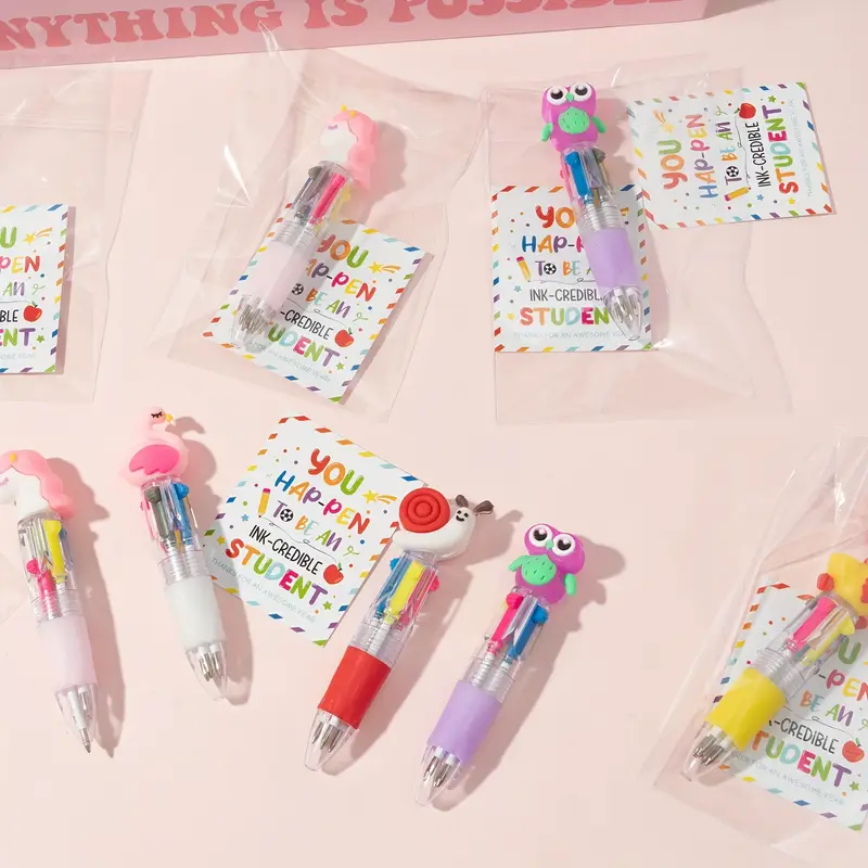 42pcs 14 sets of year end student gifts including cute cartoon 4 in 1 colorful retractable ballpoint pens with greeting cards suitable for school party gifts and gifts Product details 2