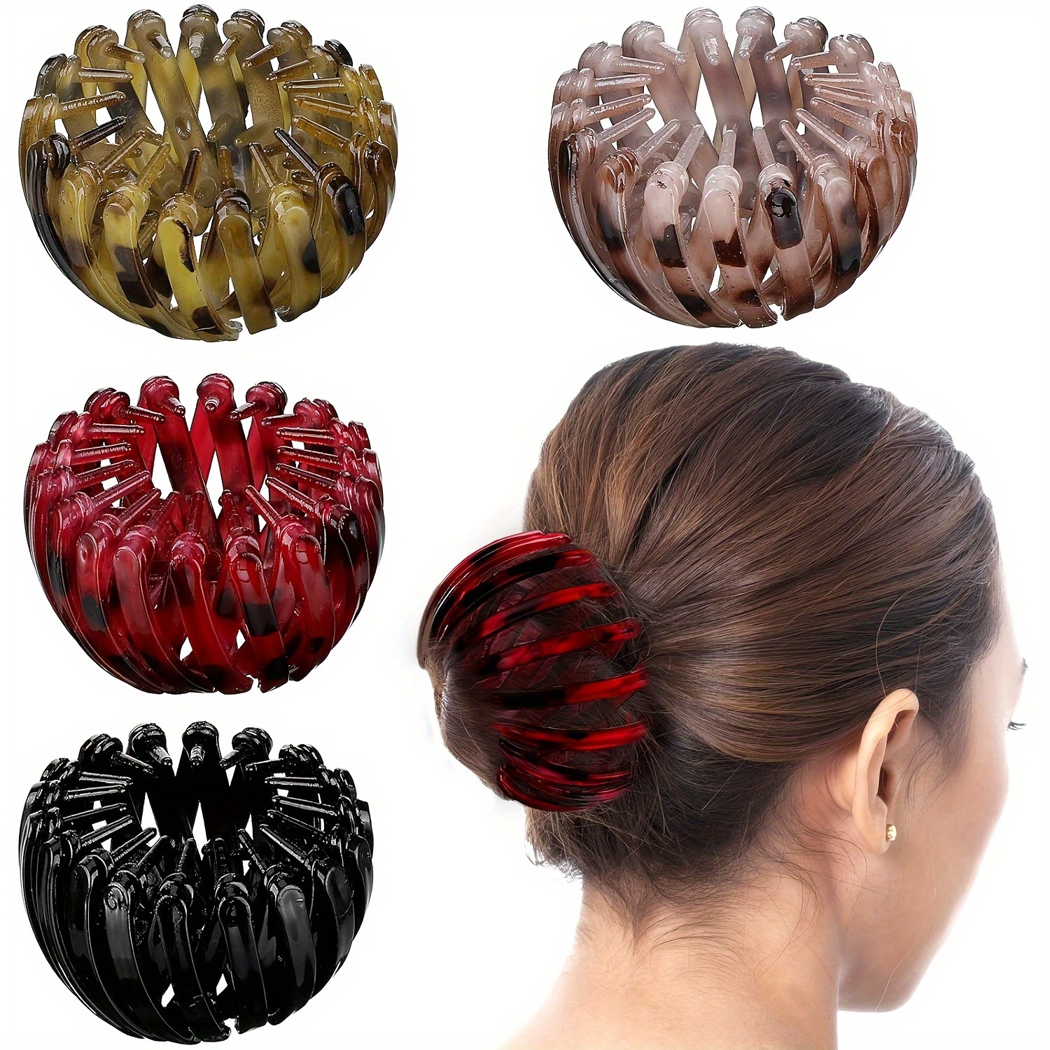 

4pcs Women' Nest Magic Hair Clip Ponytail Holder Retro Geometric Retractable Hair Ring Round Bun Hairpin