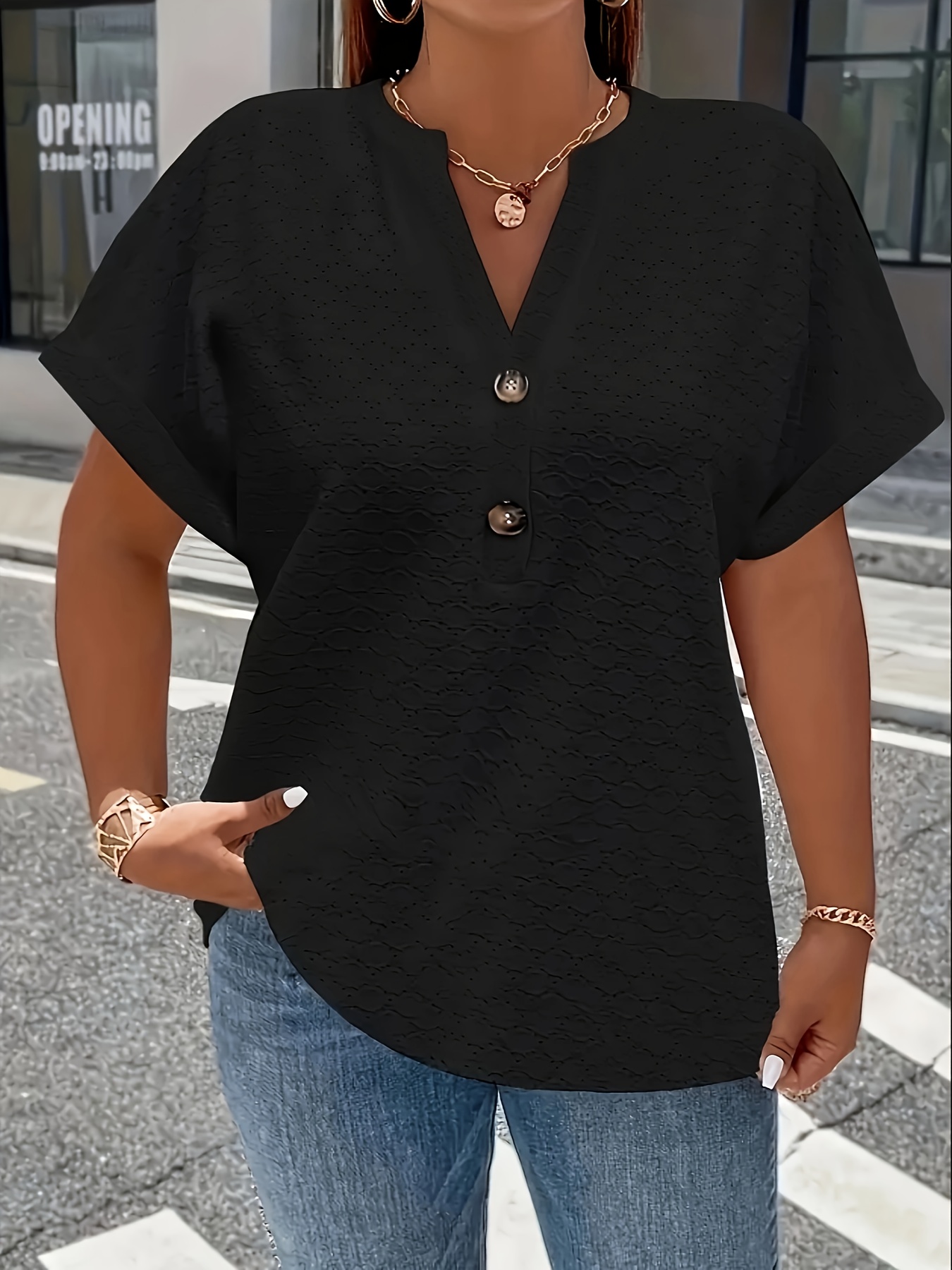 Women's Elegant Middle Eastern-Inspired Black Button-Front T-Shirt - Stand-Up Collar Short Sleeve Top, Machine Washable Spring/Summer Casual & Formal Wear, Ladies T Shirts, Versatile Top, Sophisticated Style, Durable Material, Fashion Top, Summer Wardrobe, Everyday Top, Buttonfront Top, Lightweight Top, Stylish Blouse, Fashionconscious Women
