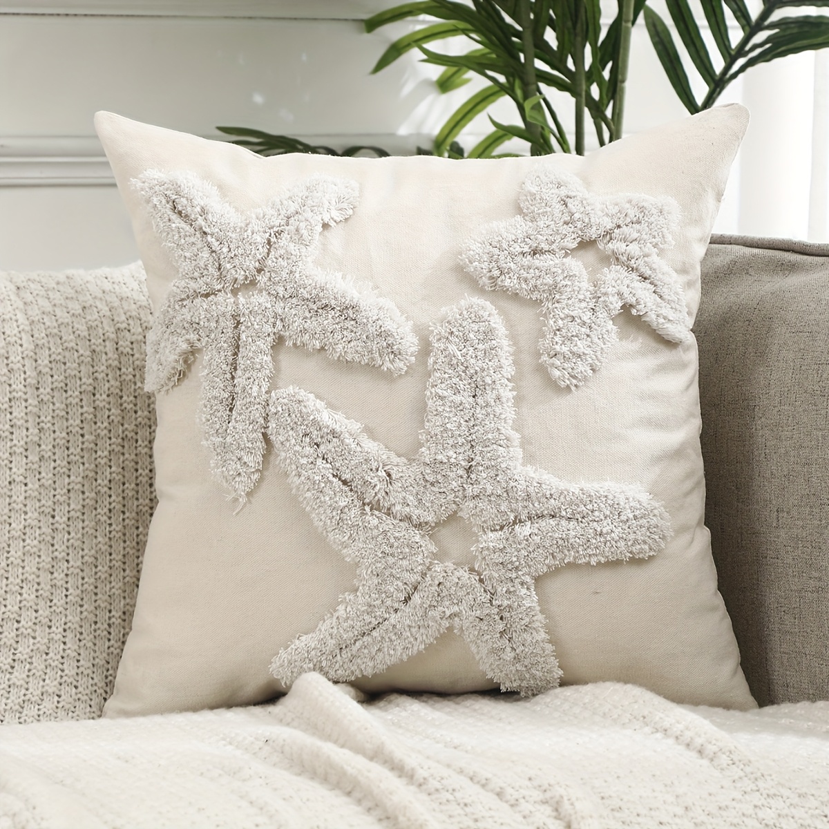 Image of 1pc Ocean Decor Throw Pillow Cover Summer Starfish Leaves Tufted Room Sofa Decoration Beige