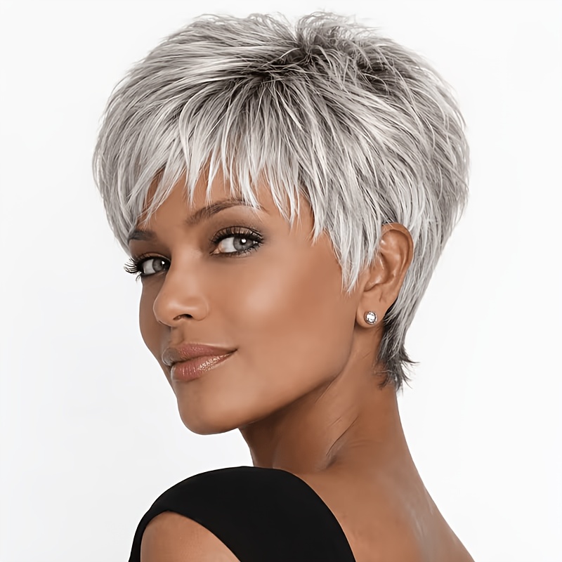 TEMU Elegant Machine Made Short Human Hair Wig With Bangs No Lace Design No Glue Design Brazilian Human Hair Wigs For Women Granny Gray 6 Inch Human