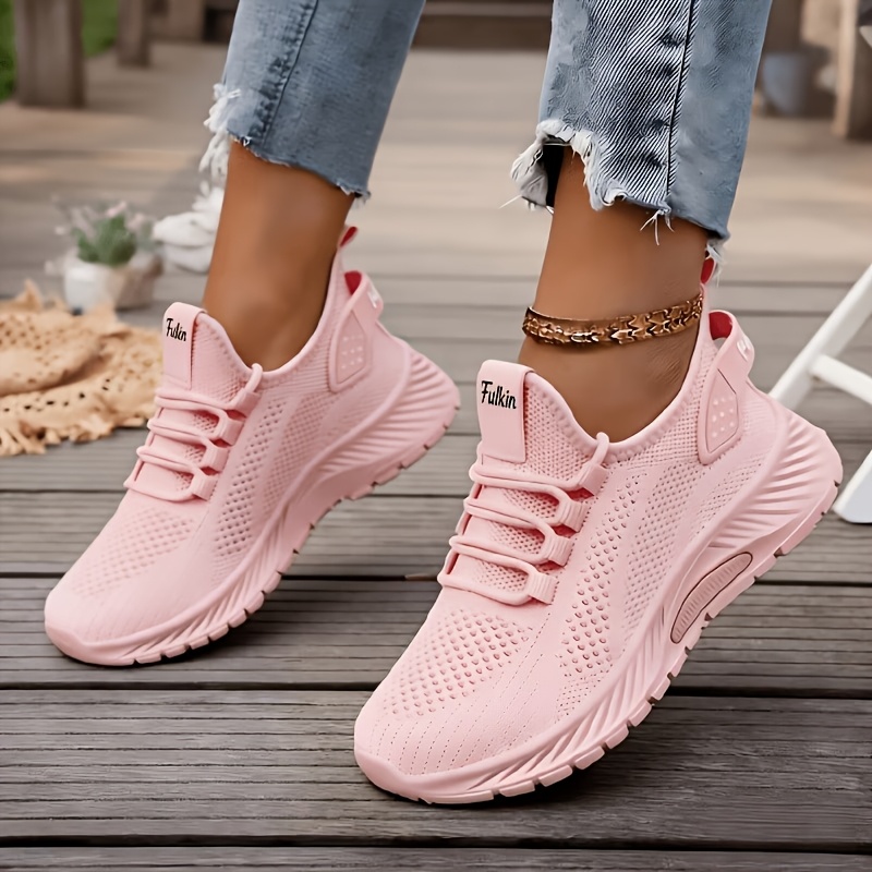TEMU Chaussures de sport tricotées en respirante pour femmes, couleur blanche, chaussures de course décontractées à enfiler avec lacets élastiques,