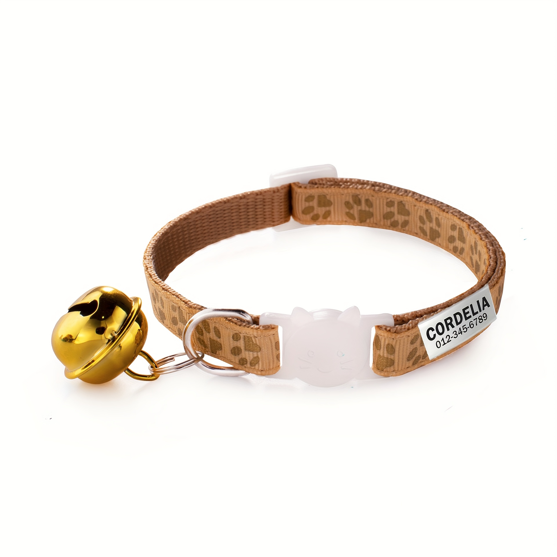 Customizable Golden Paw Print Patterned Adjustable Cat Collar with Bell
