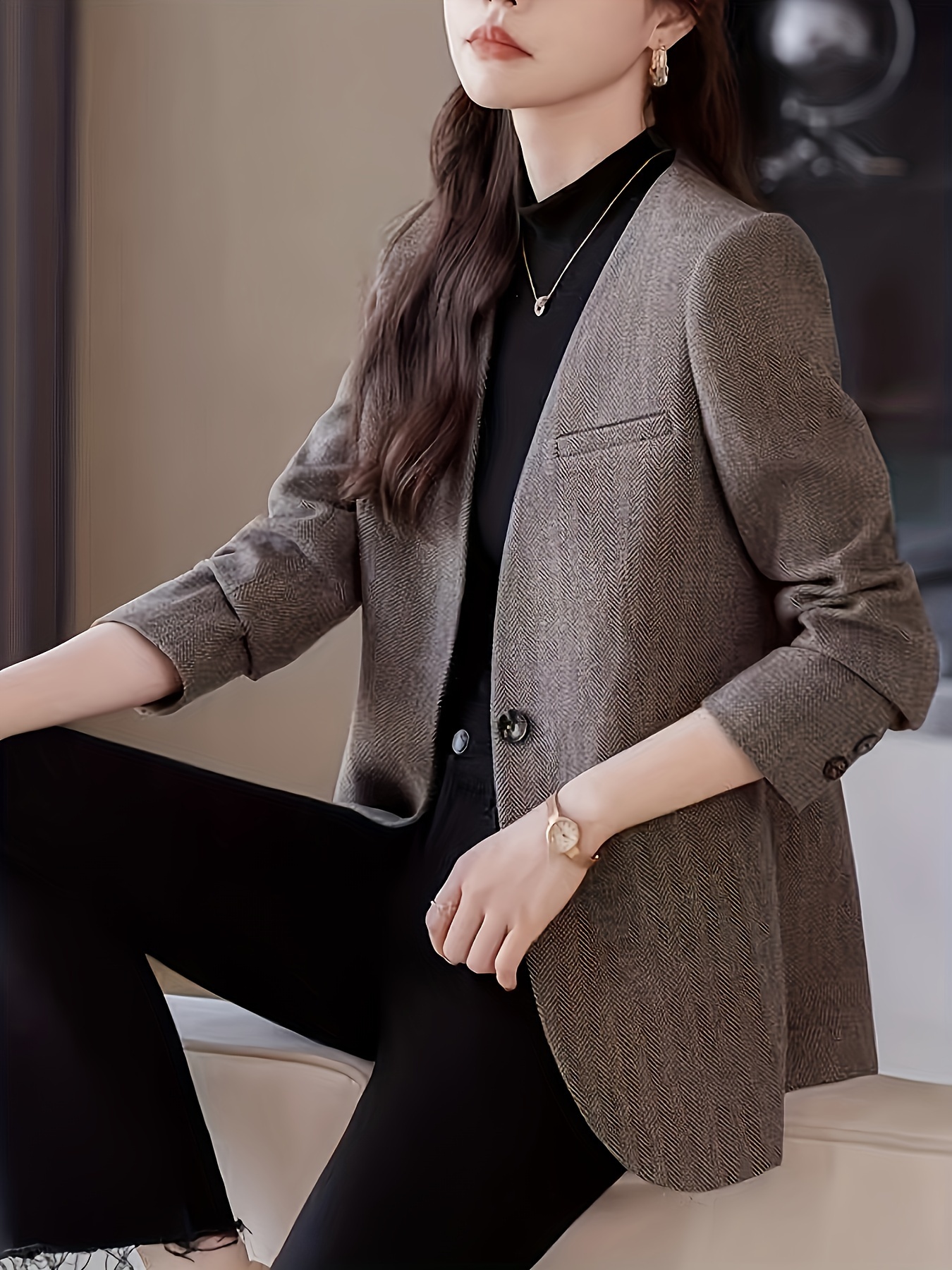 elegant gray herringbone women chic petite casual Temu United