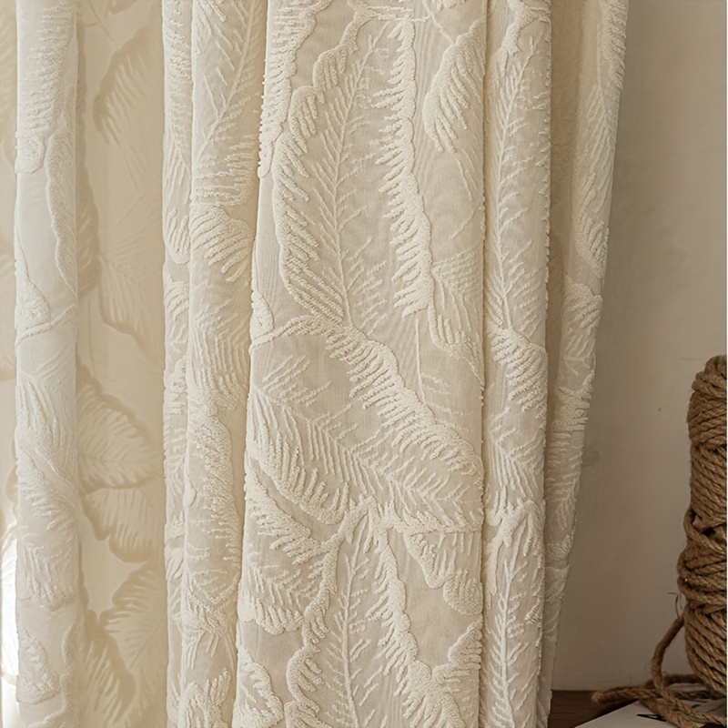 Rideau en Voile à Broderie Feuille Rétro Américaine avec Reliefs et Velours, Écran de Fenêtre Opacité Crème Clair pour Chambre, Salon ou Baie