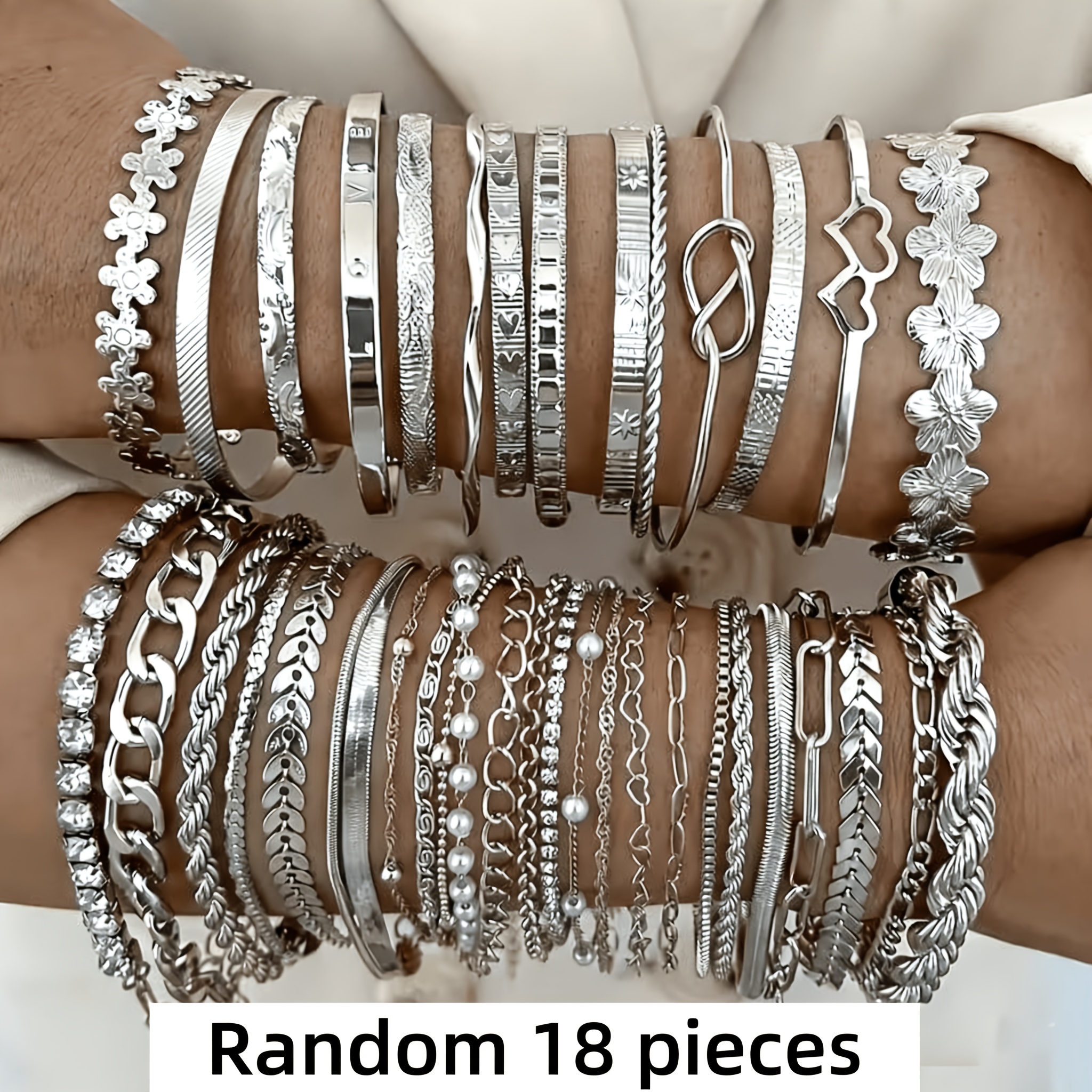 TEMU Random 18/21pcs/set. Unisex Retro Design, Hollowed-out Love Flower Chain Braided Box Open Bracelet Set For Men And Women. Suitable For Casual