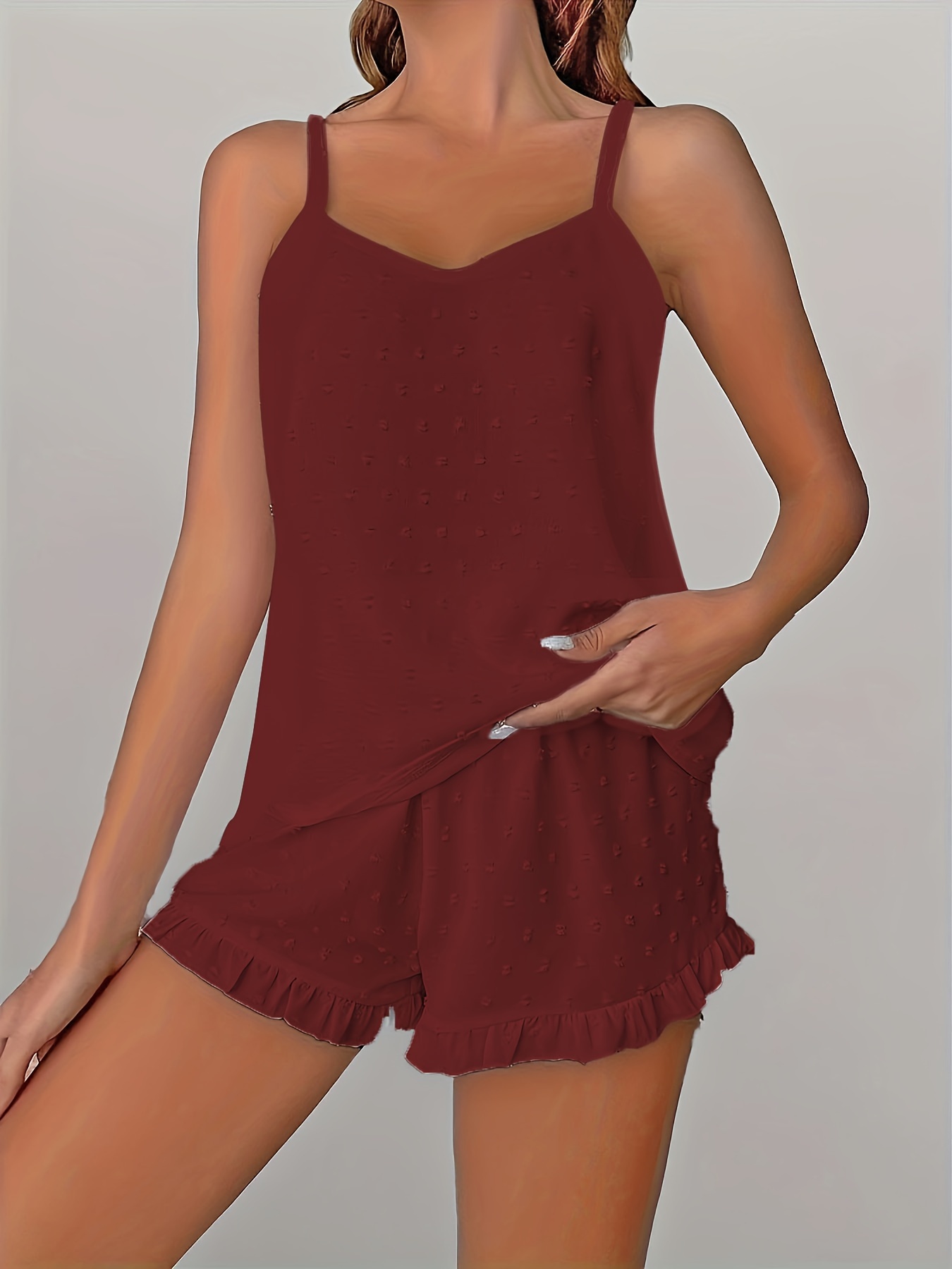 Women'S Plus Size Lace Trim Cami Pajama Set - Soft Polyester, Solid Color, Ruffled Detail, Comfortable Sleepwear for Spring/Summer/Fall, Relaxed Fit Pajamas | Ruffled Detail Clothing | Smooth Texture Fabric