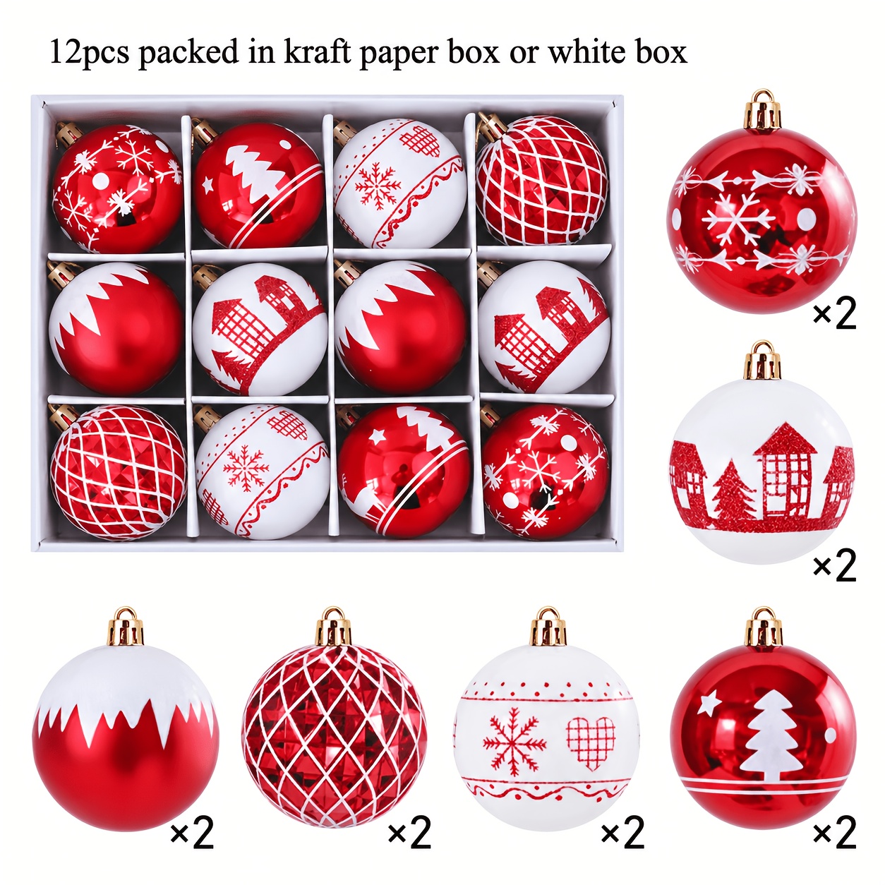 TEMU 12pcs, 6cm/ 2.36 Inch Red And White Christmas Balls Decorations, Mixed Shapes And Colors Plastic Christmas Ornaments, Holiday, Wedding And Party
