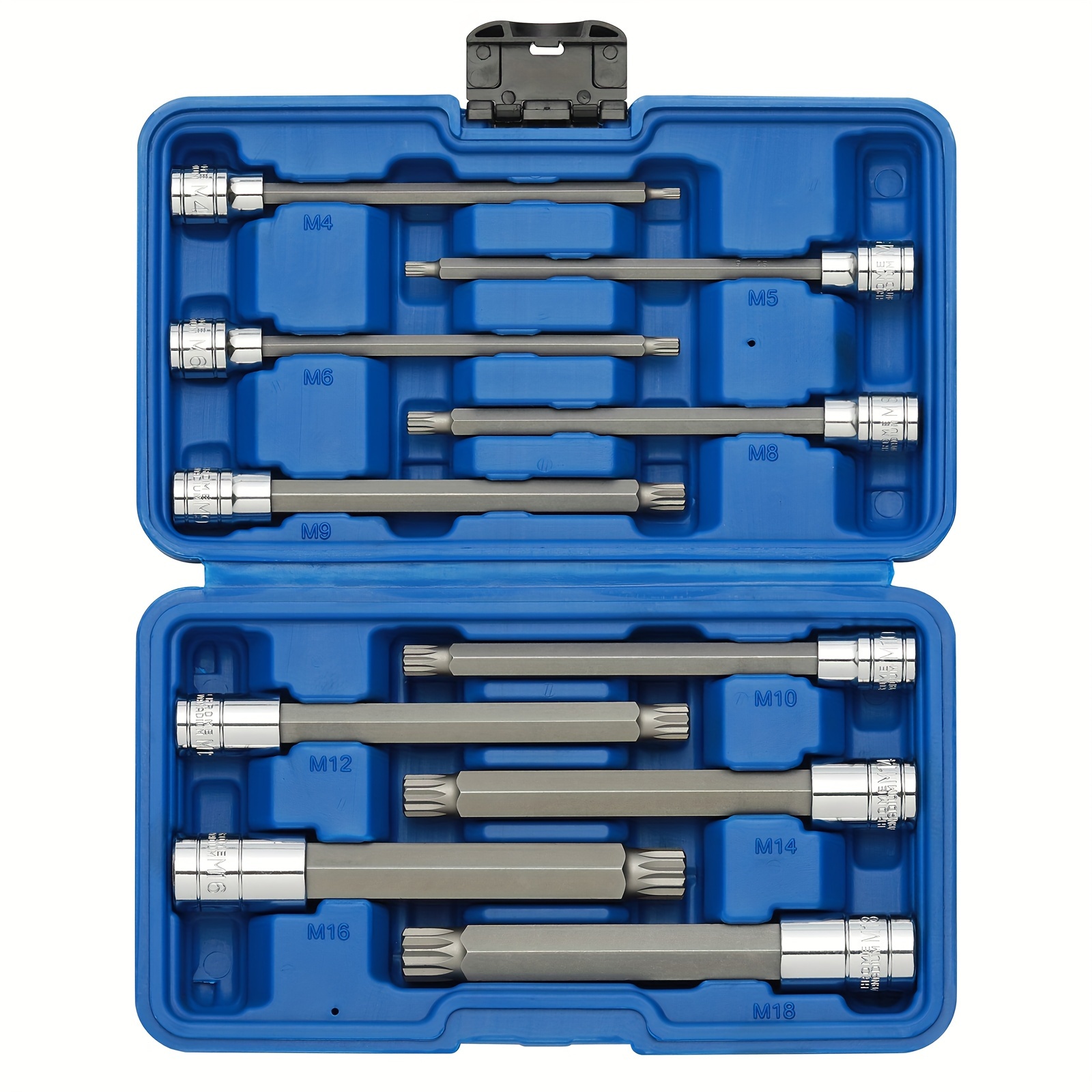 

10pcs 6" Extra Long Xzn Triple Square Bit Socket Set, 4mm To 18mm, 10-piece, 3/8" & 1/2" Drive, 6" Length, M4 - M18, Premium S2 Alloy Steel& Steel