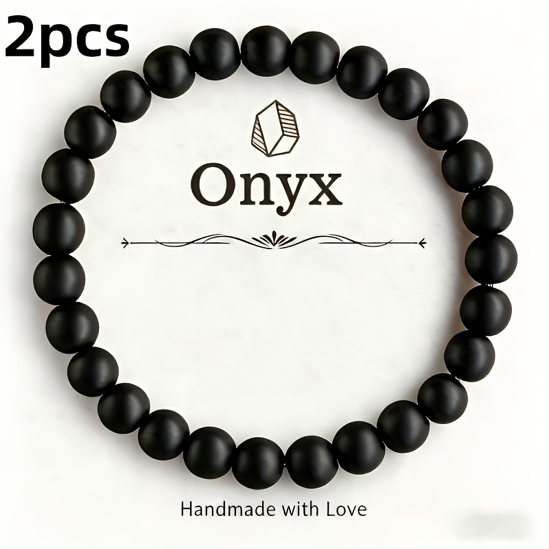 TEMU 2pcs Natural Agate Bracelets - Adjustable Elastic Black Onyx Beads, Vintage Style Unisex Jewelry, Ideal For Daily Wear And Gifting, Men's Beaded