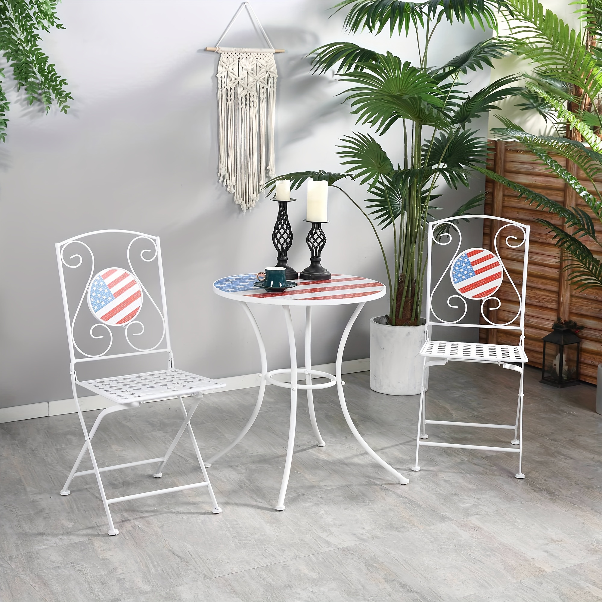 

Outsunny 3 Piece Patio Bistro Set, Folding Outdoor Furniture With Usa Mosaic Table And Chairs, Portable Metal Frames For 4th Of July, Balcony, Backyard, Poolside, Porch, American Flag