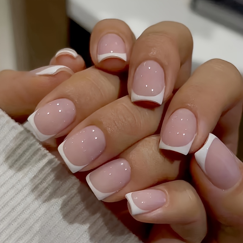 24pcs Square Press On Nails Short White French Tip Fake Nails Glossy Acrylic Nails Nude Pinkish Full Cover Glue On Nails For Women Manicure Decorations