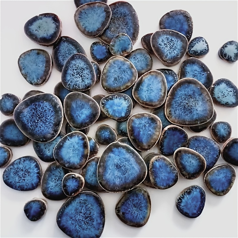Image of 100g/3.53 Oz Oval Mosaic Ceramic Tile, Blue Green , Colorful Petals Crafts Vase Mural, Step Pool Decoration Material, Loose Particles