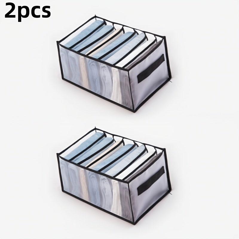 TEMU 2pcs Set Of 7-compartment Premium Fabric Wardrobe Storage Boxes - With Handles, Foldable Drawer Organizer, Transparent Mesh Design, Space-saving