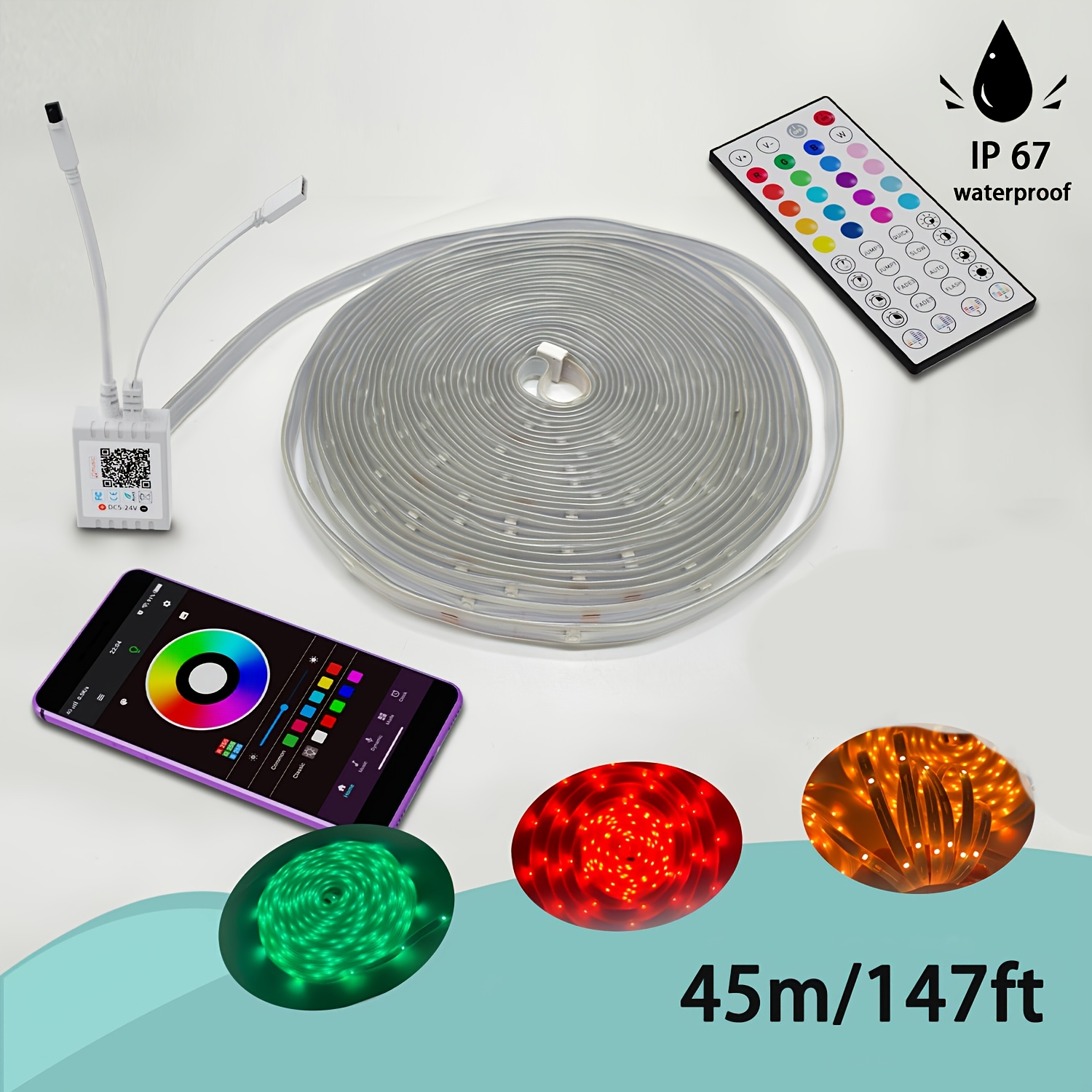 TEMU 100ft Outdoor Led Strip Lights, Outside Led Light Strip With Remote And App Control, Exterior Led Rope Lights Music Rgb Strip Lights For Wall