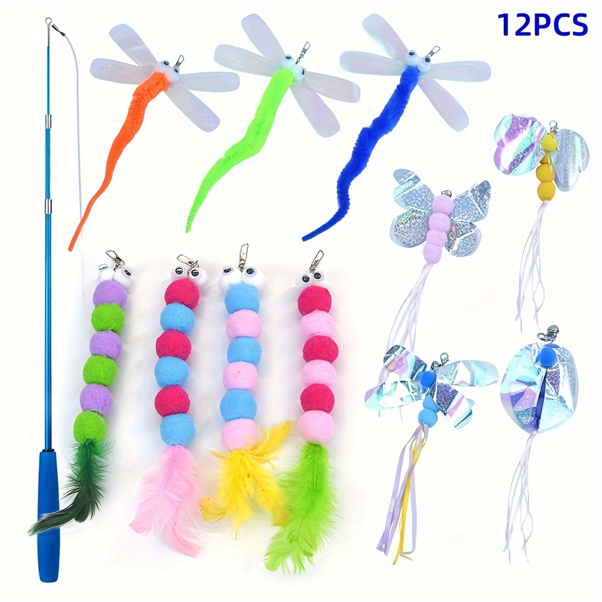 12  toy set with telescopic fishing rod plush worms dragonfly   heads animal print pattern no battery required