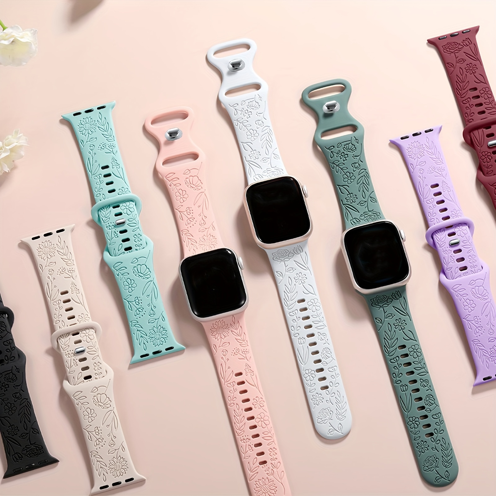 

8 Pack Floral Engraved Watch Bands For Women Iwatch Soft Silicone Dressy Wrist Straps All-day Comfort Accessory