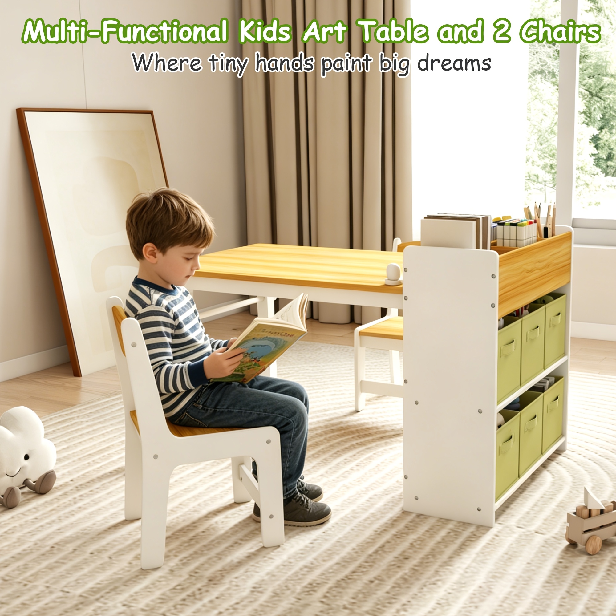 Children's Folding Art Desk & Chair Set with Storage Box & Tissue Holder - Wooden Table and Chair Suitable for, Assembly Compact Folding for Room, Playroom, Learning Table