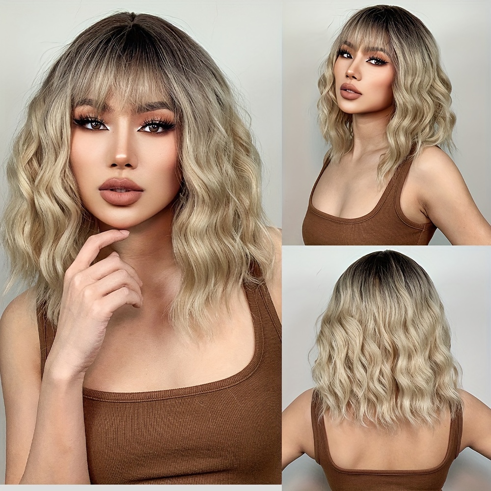 22 Inch Curly Wavy Blonde Synthetic Wigs With Bangs For Women Natural Looking Fiber Hair Wigs For Daily Party Cosplay