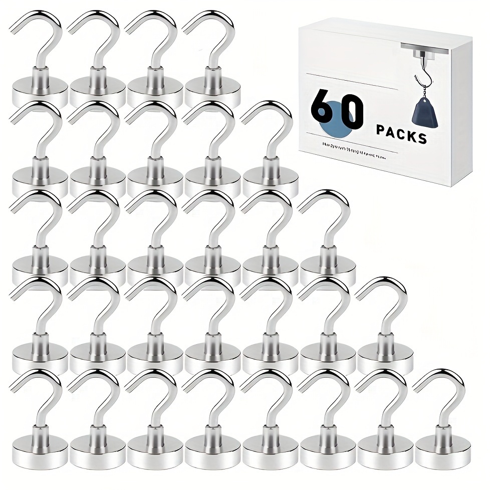 

60pcs Neodymium Magnetic Hooks - Hold Up To 25lbs - Organizing Home, Kitchen, Office, And Garage