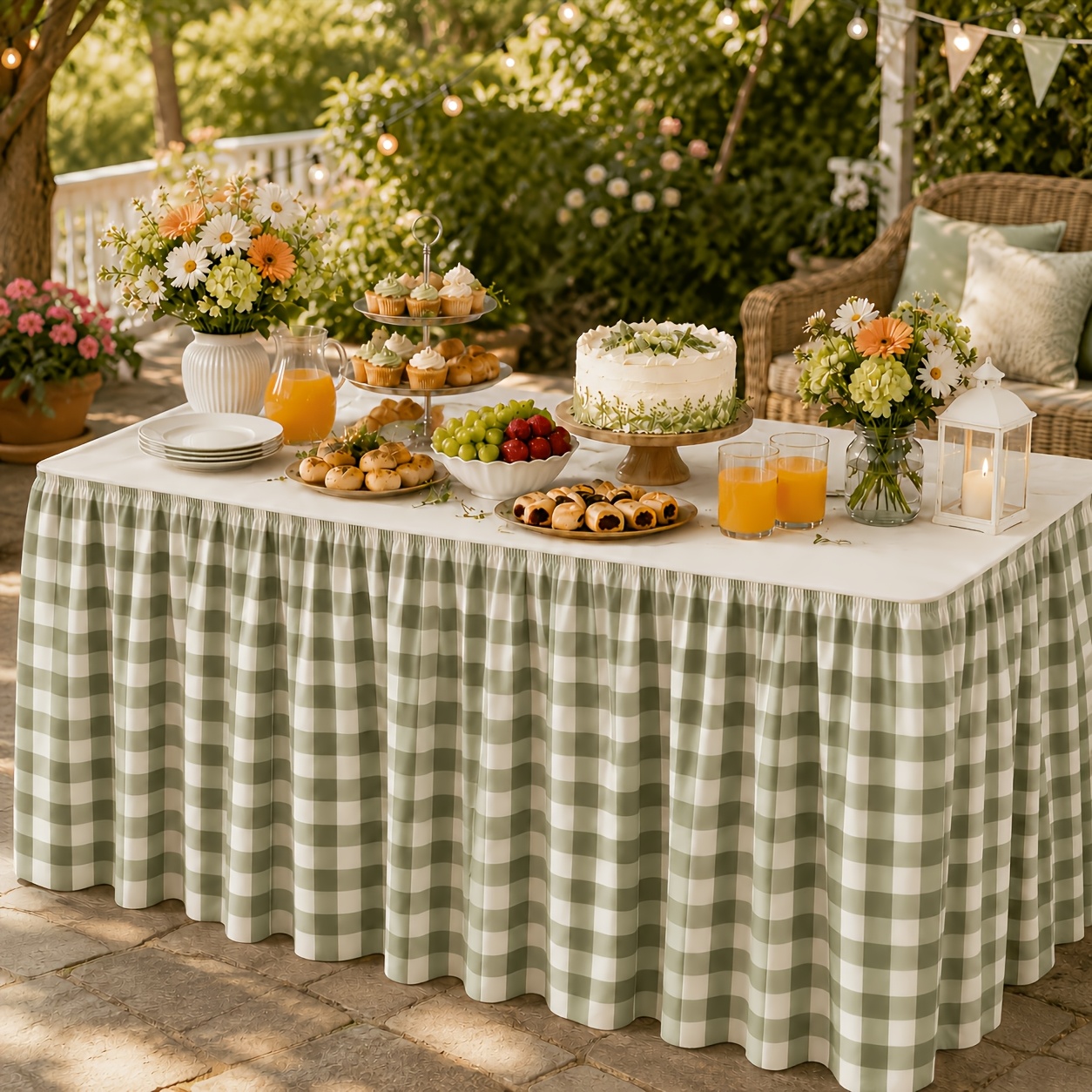TEMU Party Tablecloth, Table Skirt, 1pc, Green Gingham Tablecloth, Green Checkered Theme, Fresh Olive Green And White Checkered Pattern, Suitable For