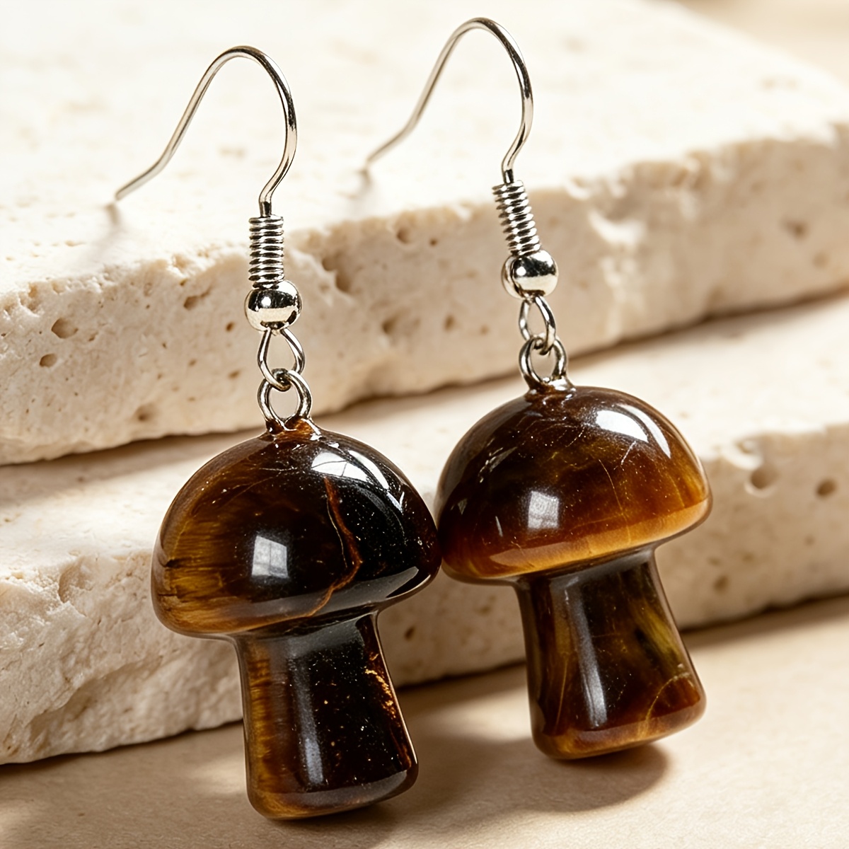 Women's Natural Tiger Eye Mushroom Earrings, Bohemian Style