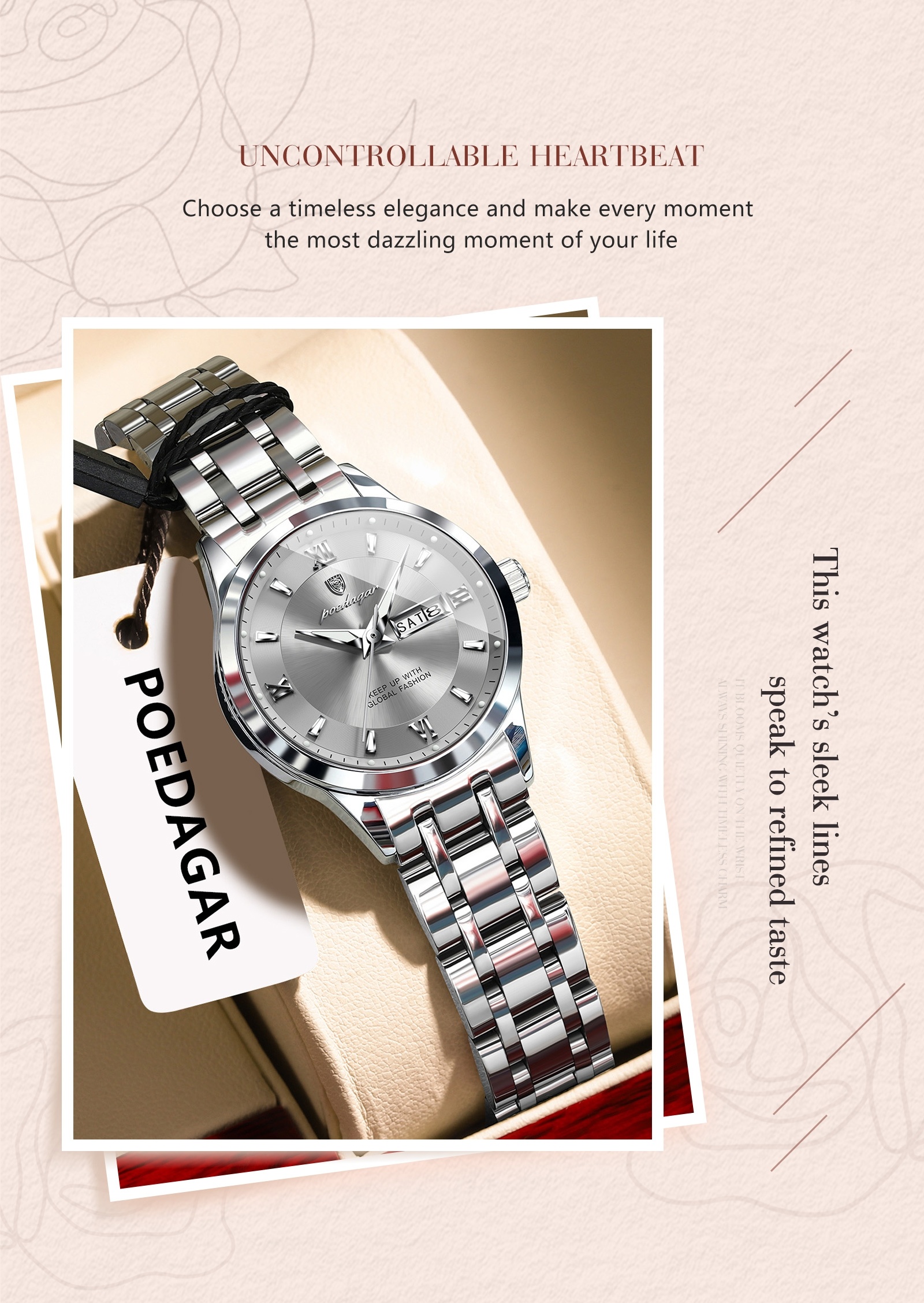 Ladies' Vintage Elegant Steel Strap Watch, Stainless Steel Quartz Wristwatch, Luminous Weekly Calendar Watch for Women