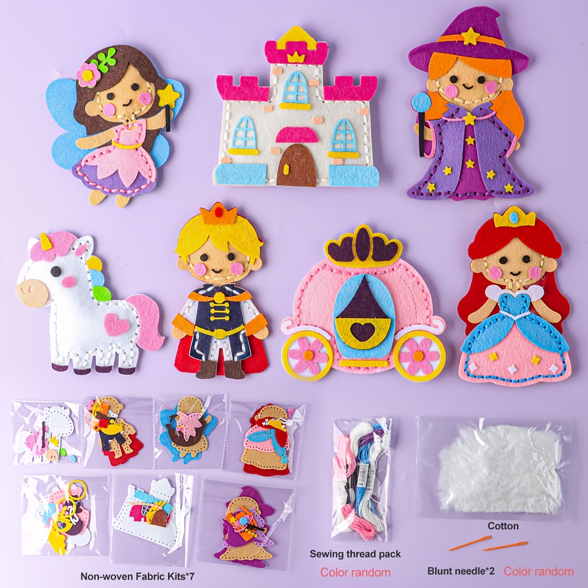 TEMU de princesse, sac de matériel de couture en feutre, ensemble de 8 pièces, kit d'artisanat de poupée non tissé, matériaux en feutre, aiguilles de