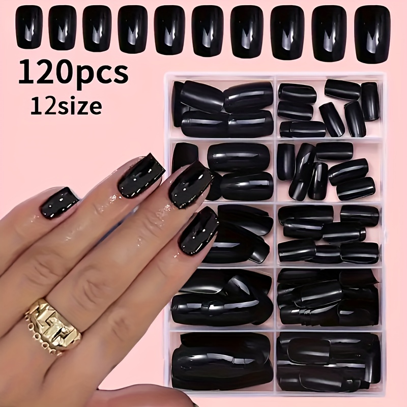 E-shop 120/216 Stück Glänzend Schwarze Quadratische Aufkleb-Nagelset - Kurze, Vollabdeckung, Einfarbige Kunstnägel für DIY-Maniküre, Ideal für Frauen,