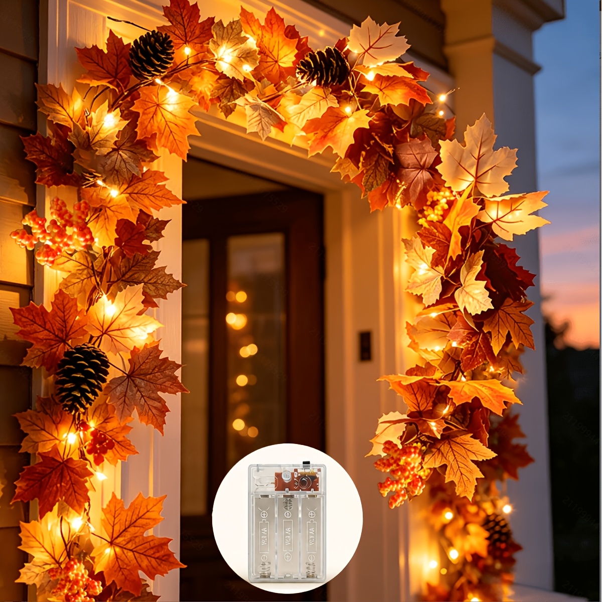 TEMU Guirlande Lumineuse Intérieure en Fil de Cuivre avec Feuilles d'Érable, Pommes de Pin et Petites Fruits Jaunes, Guirlande Décorative à par Boîte