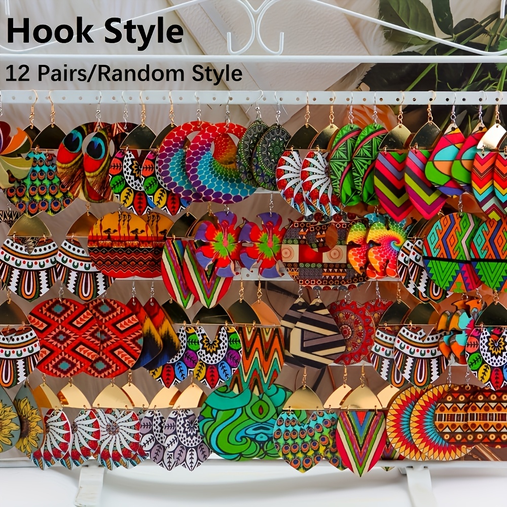 Image of 12 Pairs Of Bohemian Colorful Geometric Wooden Earrings, Fashion Hollow Vintage Women's Pendant Earrings, Party Gift Jewelry, Random Styles