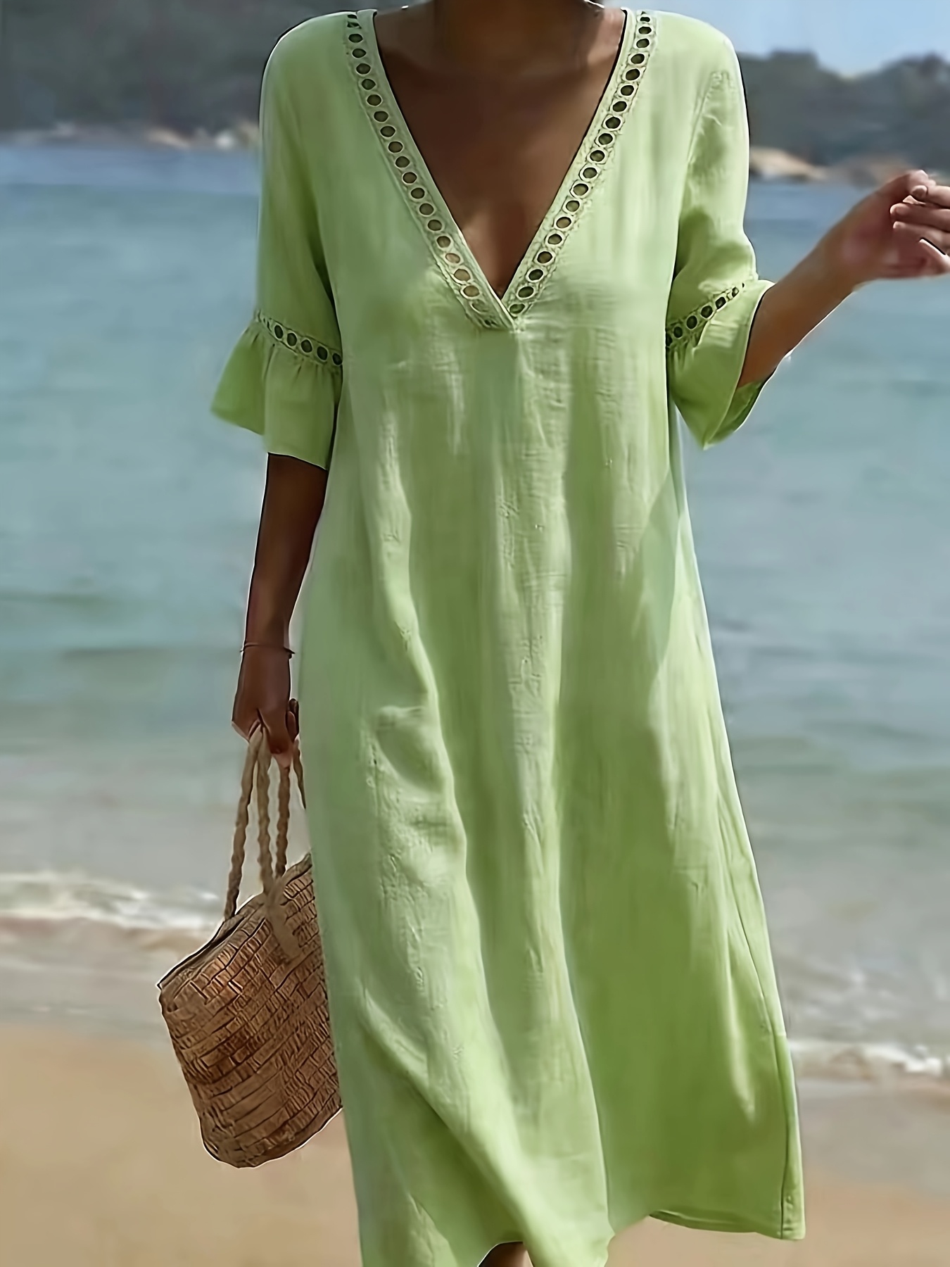 *'s Elegant Dress with A V-neck and Solid-colored Beach-style Lace Long  Dress. Suitable for Vacations, Daily Wear and *.