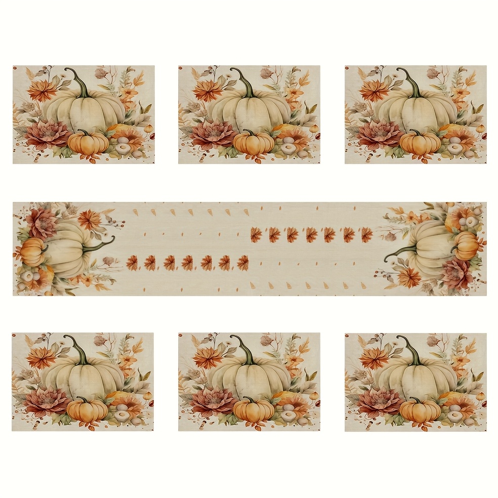 7pcs Table Runner And 6 Placemats Autumn Thanksgiving Decoration, Pumpkin , Suitable For Kitchen And Living Room Holiday Decor, Holiday Indoor And Outdoor Decor