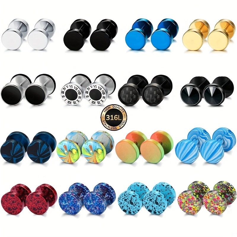 Stud Earrings Stainless Steel Gauge Earrings 16 Pairs 316l